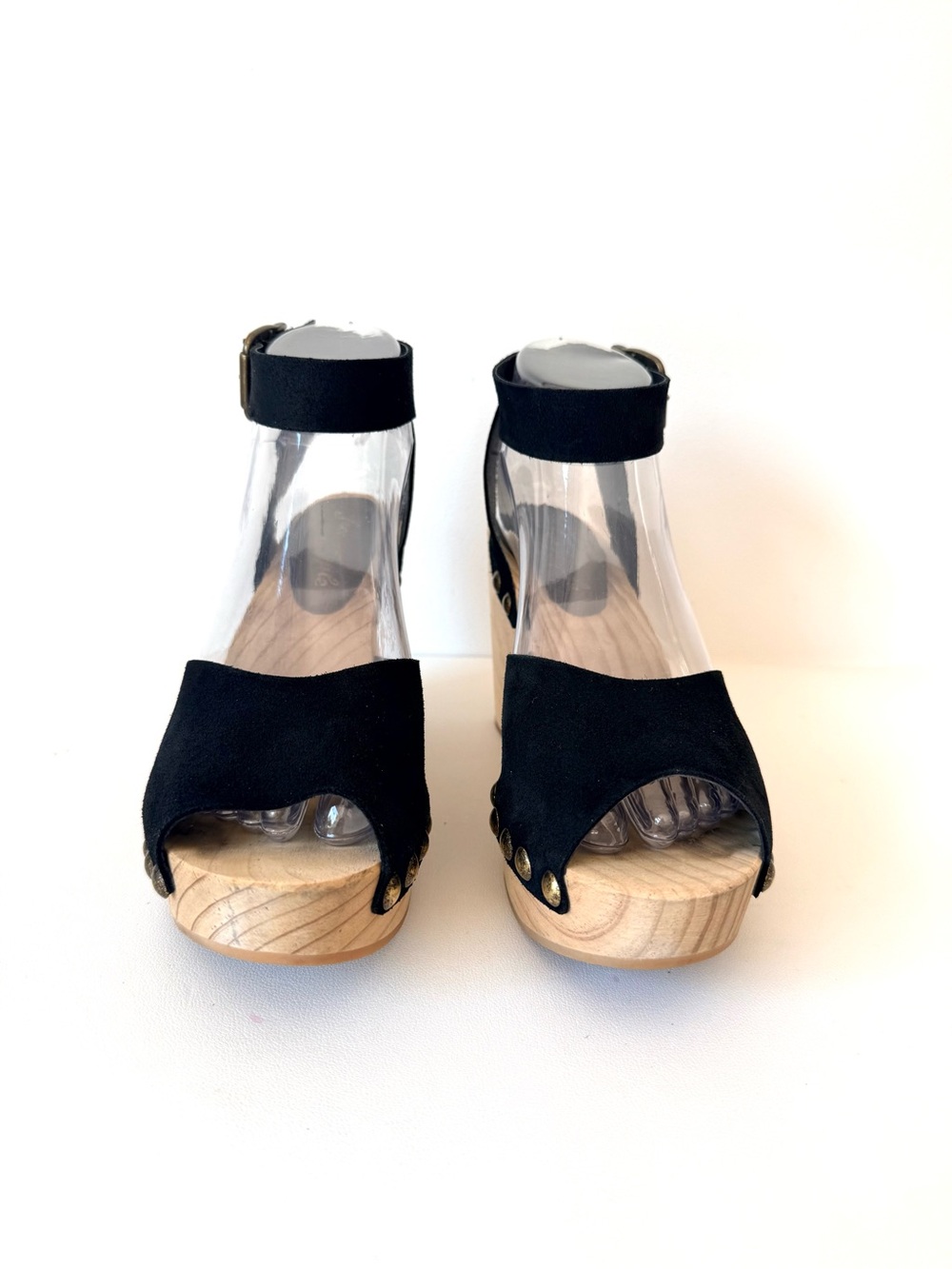 Free People Pasadena Clogs Black Suede Studded Wooden Platform Sandals Peep Toe - Picture 9 of 16